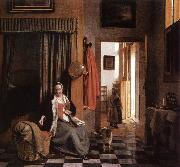 HOOCH, Pieter de Mother Lacing Her Bodice beside a Cradle s oil painting
